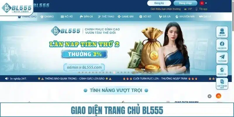Giao diện trang chủ nhà cái BL555 khi truy cập đúng đường link